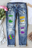Mardi Gras Skyblue Glittering Lips Print Cutout Jeans