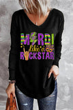 Mardi Gras Black Letter Print V Neck Loose Full Sleeve T Shirt