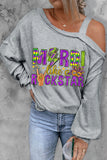 Mardi Gras Carvival Slogan Print Cold Shoulder Balloon Sleeve Sweatshirt