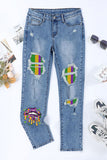 Skyblue Dripping Mouth Graphic Print Stripped Cutout Jeans