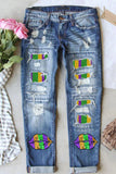 Mardi Gras Striped Patchwork Tattered Full Length Jeans