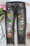Mardi Gras Dripping Lips Print Colorblock Patchwork Straight Jeans For Women