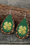 St. Patrick's Clover Print Leopard Hem Faux Leather Earrings