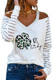 Be Lucky Clover Print Wide V Neck Striped Sleeve Top