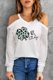 Be Lucky Clover Print Wide V Neck Striped Sleeve Top