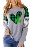 LC25314356-9-S, LC25314356-9-M, LC25314356-9-L, LC25314356-9-XL, LC25314356-9-2XL, Green Plaid Heart Shaped Clover Glitter Print Graphic Sweatshirt