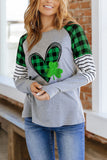 LC25314356-9-S, LC25314356-9-M, LC25314356-9-L, LC25314356-9-XL, LC25314356-9-2XL, Green Plaid Heart Shaped Clover Glitter Print Graphic Sweatshirt
