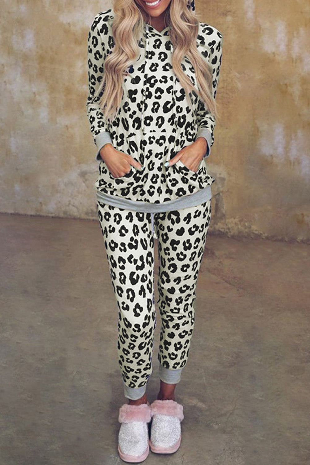 Cheetach Print Long Sleeve Loungewear With Hood