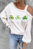 St Patrick's Day Shamrock Print Dew Shoulder Long Sleeve Top