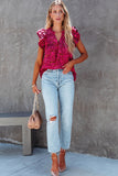 LC25120391-6-S, LC25120391-6-M, LC25120391-6-L, LC25120391-6-XL, Rose Floral Print Tiered Flutter Sleeve V Neck Top