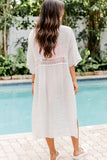 White Wrinkled Cut Out Drawstring Three Quarter Sleeve Beach Cover Up