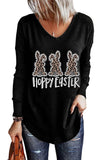 Black Happy Easter Leopard Bunny Print Loose V Neck Top