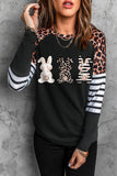 LC25220025-2-S, LC25220025-2-M, LC25220025-2-L, LC25220025-2-XL, Black Easter Bunny Leopard Striped Long Sleeve Top