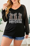 Plus Size Happy Easter Leopard Bunny Print Striped Sleeve Top