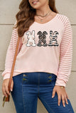 Pink Bunny Graphic Sheer Striped Long Sleeve Plus Size Top