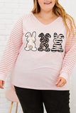 Pink Bunny Graphic Sheer Striped Long Sleeve Plus Size Top
