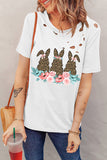 White Leopard Easter Rabbit Floral Print Ripped T-shirt