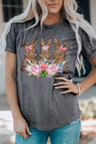 Gray Oversized Leopard Floral Easter Rabbit Graphic T-shirt