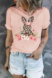 Pink Women's Floral Leopard Bunny Print Rolled Sleeve T Shirt