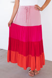 Color Block Tiered Drawstring High Waist Maxi Skirt
