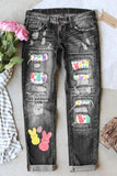 Women's Ripped Multicolor Bunny Print Casual Jeans