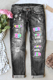 Bunny Print Ripped Patchwork Straight Leg Jeans