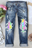 Dark Blue Easter Element Cutout Washed Jeans