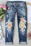 Easter Day Shabby Cutout Cross Embroidery Straight Leg Jeans