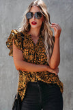 LC25120391-7-S, LC25120391-7-M, LC25120391-7-L, LC25120391-7-XL, Yellow Floral Print Tiered Flutter Sleeve V Neck Top