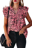 LC25120391-10-S, LC25120391-10-M, LC25120391-10-L, LC25120391-10-XL, Pink Floral Print Tiered Flutter Sleeve V Neck Top