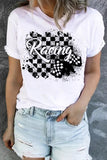 White Racing Checkered Flag Print Distressed Short Sleeve Tee