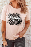 Pink Racing Checkered Flag Print Distressed Short Sleeve Tee