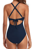 Blue Crisscross Tied Cutout Ruched One Piece Swimsuit