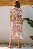 Red Boho Print Deep V Kimono Sleeves Beach Maxi Dress