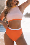 Orange Color Block Zipped Cutout Crew Neck Bikini