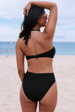 LC443451-2-S, LC443451-2-M, LC443451-2-L, LC443451-2-XL, LC443451-2-2XL, Black Halter O-ring Ruched Bust One Piece Swimsuit