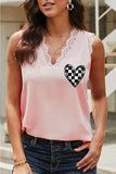 Pink Plaid Heart Embroidery Lace Trim V-neck Tank Top