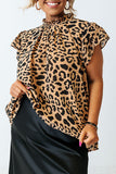 Oversized Leopard Ruffle Cap Sleeve Mock Neck Blouse
