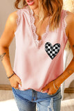 Pink Plaid Heart Embroidery Lace Trim V-neck Tank Top