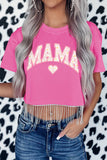 LC25220753-10-S, LC25220753-10-M, LC25220753-10-L, LC25220753-10-XL, Pink MAMA Heart Daisy Print Rhinestone Fringed Cropped Top