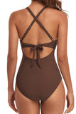 Brown Crisscross Tied Cutout Ruched One Piece Swimsuit