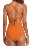 Orange Crisscross Tied Cutout Ruched One Piece Swimsuit