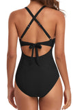 Black Crisscross Tied Cutout Ruched One Piece Swimsuit
