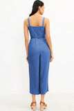 Blue Belted Button Front Strappy Chambray Overalls