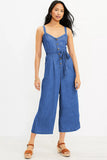 Blue Belted Button Front Strappy Chambray Overalls