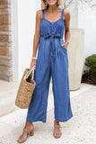 Belted Button Front Strappy Chambray Overalls