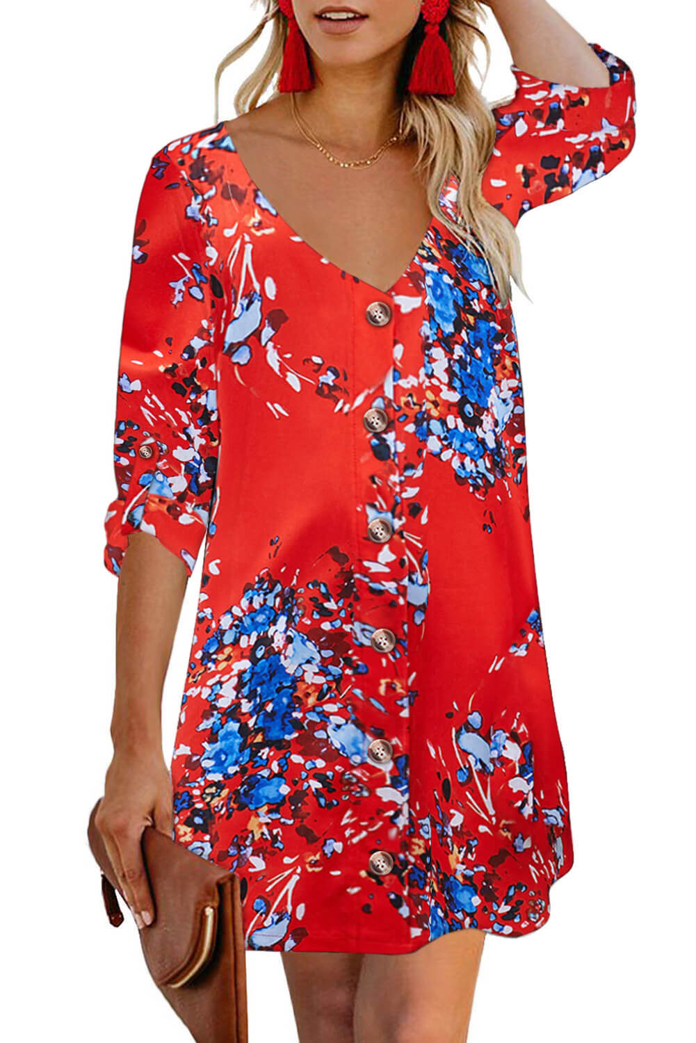 V Neck 3/4 Roll Sleeve Button Down Floral Dress
