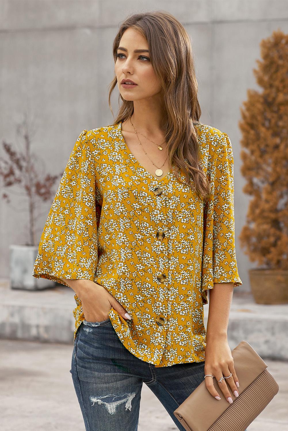 Yellow Women's Casual V-Neck 3/4 Bell Sleeves Leopard Print Button Down Blouse Shirt For Summer LC253233-7