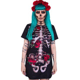 Halloween Rose Skeleton 3D Print Short Sleeve Mini Dress