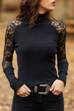 Lace Crochet Ribbed Turtleneck Long Sleeve Top